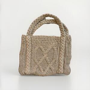 Tan Knit Mini Tote Bag Braided Handles Textured Geometric Pattern Small Handbag